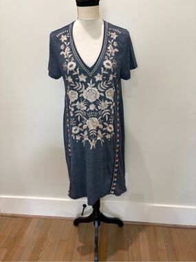 Johnny Was Blue Embroidered V-Neck Dress with embroidered Cream Floral design